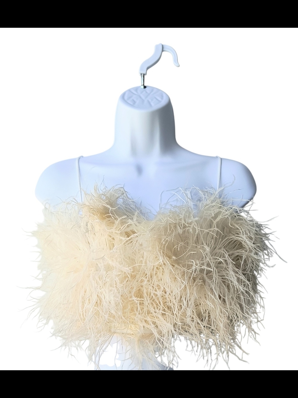 All Things Cherish Feathered Festival Crop Top Cream Spaghetti Strap Zippered S